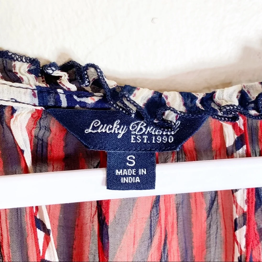 Lucky Brand Red Blue Printed Boho Bohemian Peasant Top Blouse Sheer Tunic Shirt‎